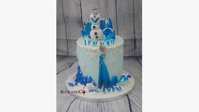 Gâteau reine neiges baptême pour les princesses Ayem et Jennah bleu blanc bonhomme neige paris ile de france